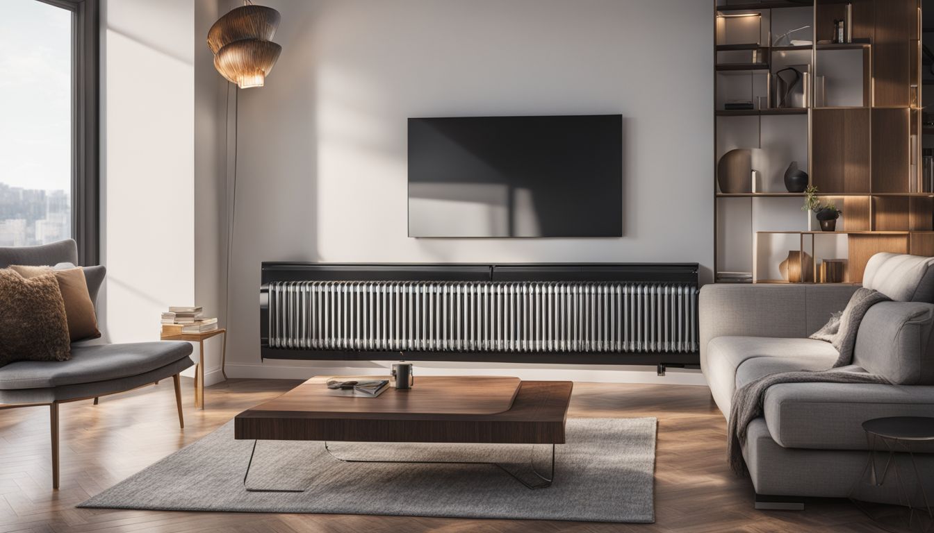 Nowoczesne wnętrze z designerskimi grzejnikami i pompą ciepła.