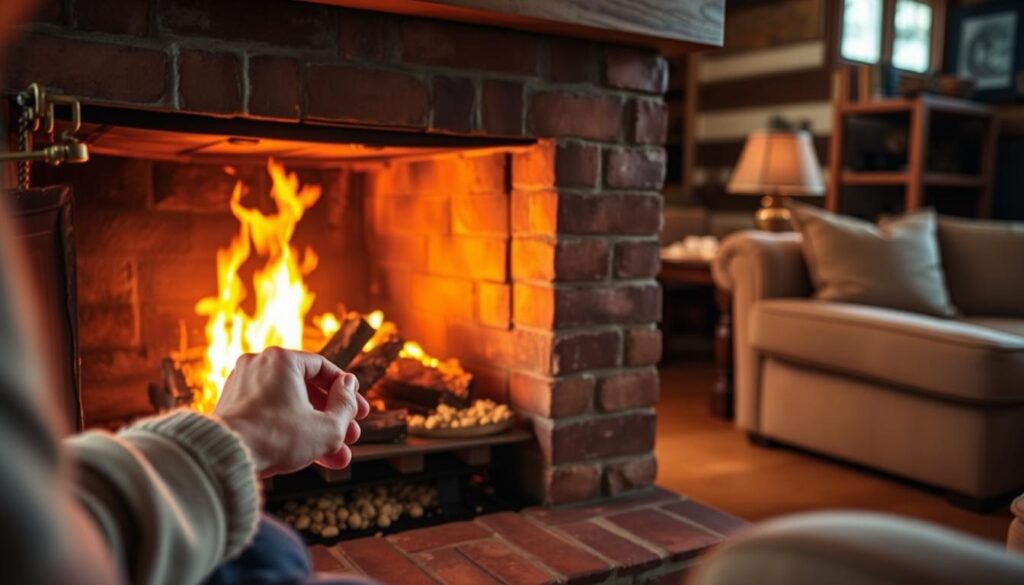 A cozy fireplace in a rustic living room, filled with a warm glow from the burning pellets. The fire crackles and dances, casting flickering shadows across the room. In the foreground, a pair of hands carefully tending to the fire, adjusting the pellets and stoking the flames. The middle ground reveals the intricate details of the fireplace, with its sturdy brick frame and a polished wood mantel. The background showcases a comfortable seating area, inviting the viewer to curl up and enjoy the soothing warmth. The overall scene captures the essence of using a pellet fireplace, conveying a sense of contentment and a well-designed living space.