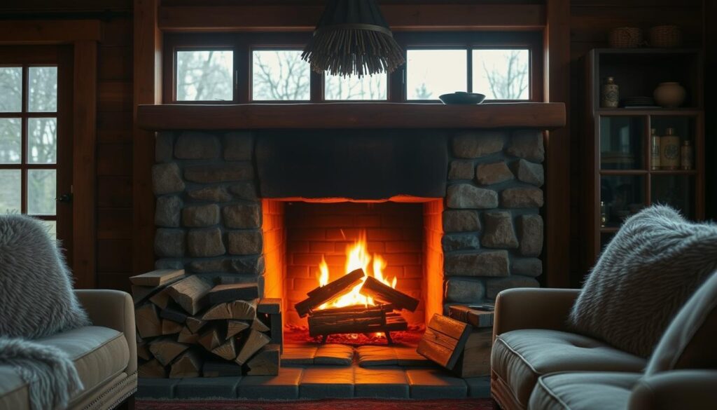 A cozy fireplace in a warm, rustic living room. The flickering flames cast a soft, amber glow, illuminating the hearth and creating a welcoming atmosphere. A stack of neatly arranged firewood stands nearby, ready to fuel the fire. The room is adorned with wood paneling and plush furnishings, hinting at the comfort and coziness of the space. Soft, diffused lighting filters in through large windows, creating a tranquil and inviting ambiance. The scene evokes a sense of relaxation and the simple pleasures of a crackling fire on a chilly day.