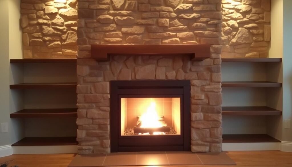 A cozy fireplace set against a rustic stone wall, with a warm glow illuminating the room. A sturdy steel frame surrounds the firebox, ensuring a safe and secure installation. The fireplace is flanked by built-in shelves, providing ample space for decorative elements and personal touches. Soft, diffused lighting casts a gentle ambiance, creating a inviting and peaceful atmosphere. The scene is captured from an angle that highlights the seamless integration of the fireplace within the overall interior design, conveying a sense of effortless harmony and attention to detail.