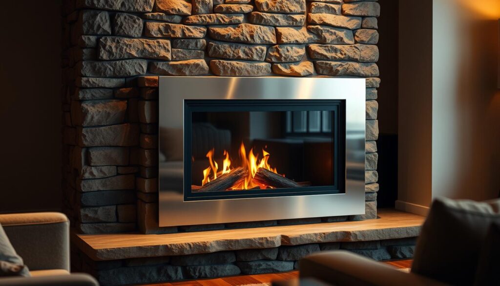 A cozy fireplace with a built-in water jacket, standing in a warm and inviting living room. The fireplace is made of rustic stone, with a polished steel surround and a sleek glass panel. The water jacket is visible, hinting at the system's efficiency and the potential for heat distribution throughout the space. Soft, diffused lighting illuminates the scene, creating a soothing and atmospheric ambiance. The room is furnished with comfortable, plush seating, and the overall composition suggests a harmonious, elegant, and functional interior design.