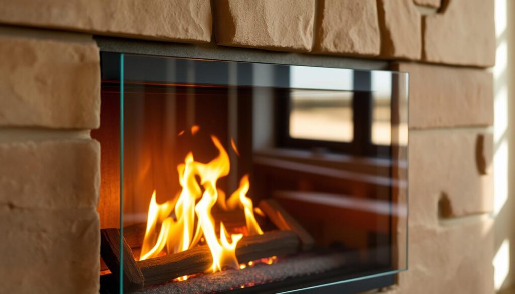 A cozy fireplace with a stylish glass panel, set against a backdrop of warm, earthy tones. The glass is crystal-clear, reflecting the dancing flames and casting a soft, inviting glow throughout the room. The frame is sleek and modern, seamlessly blending with the fireplace's design. The lighting is natural, with gentle shadows adding depth and dimension. The scene evokes a sense of comfort and relaxation, perfect for a cozy evening at home.