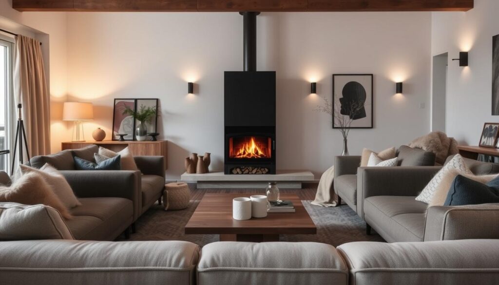 A cozy living room scene with a large, rustic pellet fireplace as the focal point. The fireplace stands prominently in the middle ground, its flame-like pellets casting a warm, flickering glow throughout the space. In the foreground, a comfortable seating arrangement invites relaxation, with plush furniture and soft textiles creating an inviting atmosphere. The background features a minimalist, Scandinavian-inspired interior design, with clean lines, neutral colors, and natural wood accents that complement the pellet fireplace. Soft, diffused lighting from floor lamps and wall sconces illuminates the room, evoking a sense of hygge and making the pellet fireplace the centerpiece of the space.