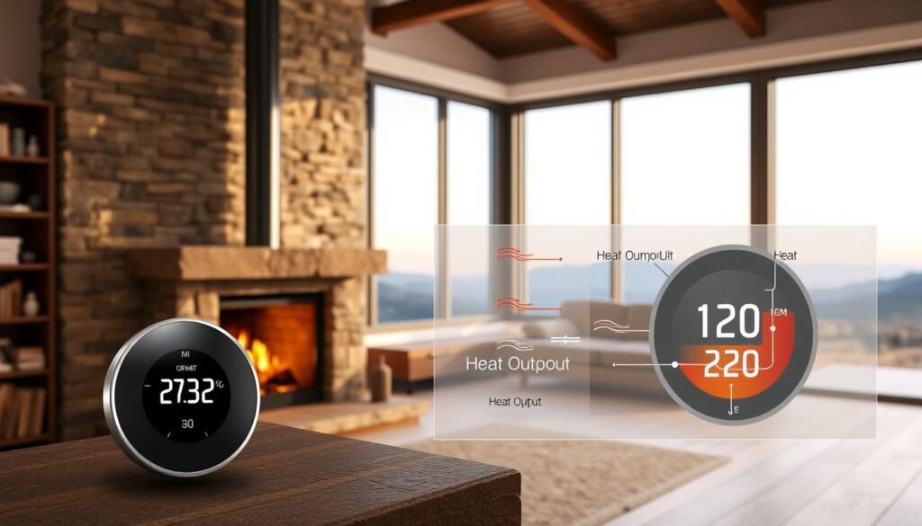 A cozy, well-lit living room with a stone fireplace taking center stage. The fireplace features a prominent hearth and a slender, tapered chimney, casting a warm, flickering glow across the space. In the foreground, a sleek, modern thermostat controls the heat output, while a detailed diagram of heat output calculations hovers nearby, providing technical guidance on how to determine the optimal heating capacity for the 120 square meter area. The background showcases a panoramic view through large windows, revealing a scenic landscape outside. The overall atmosphere is one of practical comfort and thoughtful design.