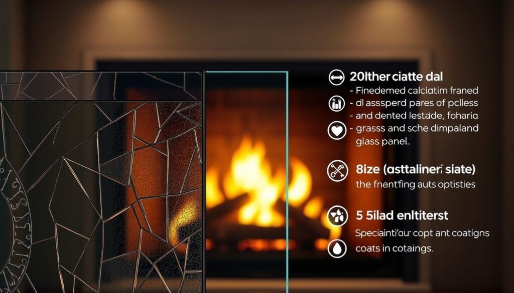 A detailed and realistic rendering of factors influencing the price of a fireplace glass panel. In the foreground, the glass panel itself, showcasing its intricate design and high-quality craftsmanship. In the middle ground, various components that contribute to the final cost, such as the frame material, size, and specialized coatings. In the background, a dimly lit fireplace setting, highlighting the importance of the glass panel in the overall aesthetic and functionality of the fireplace. The lighting should be warm and inviting, with subtle shadows and highlights to accentuate the textures and details of the materials. The composition should be balanced and visually appealing, guiding the viewer's eye through the various elements that shape the price of a premium fireplace glass panel.