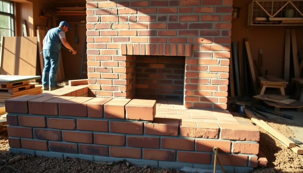 A detailed blueprint of a brick fireplace construction, showcasing the essential steps. In the foreground, precisely laid bricks form the fireplace's foundation, with careful attention to alignment and mortar application. The middle ground reveals the progression of the build, with skilled masons carefully shaping the chimney's structure. The background depicts the surrounding workspace, with construction tools and materials neatly organized, creating a sense of professionalism and attention to detail. The scene is illuminated by warm, natural lighting, casting shadows that emphasize the solidity and craftsmanship of the fireplace. The overall atmosphere conveys the expertise and care required to construct a sturdy, functional, and visually appealing brick fireplace.