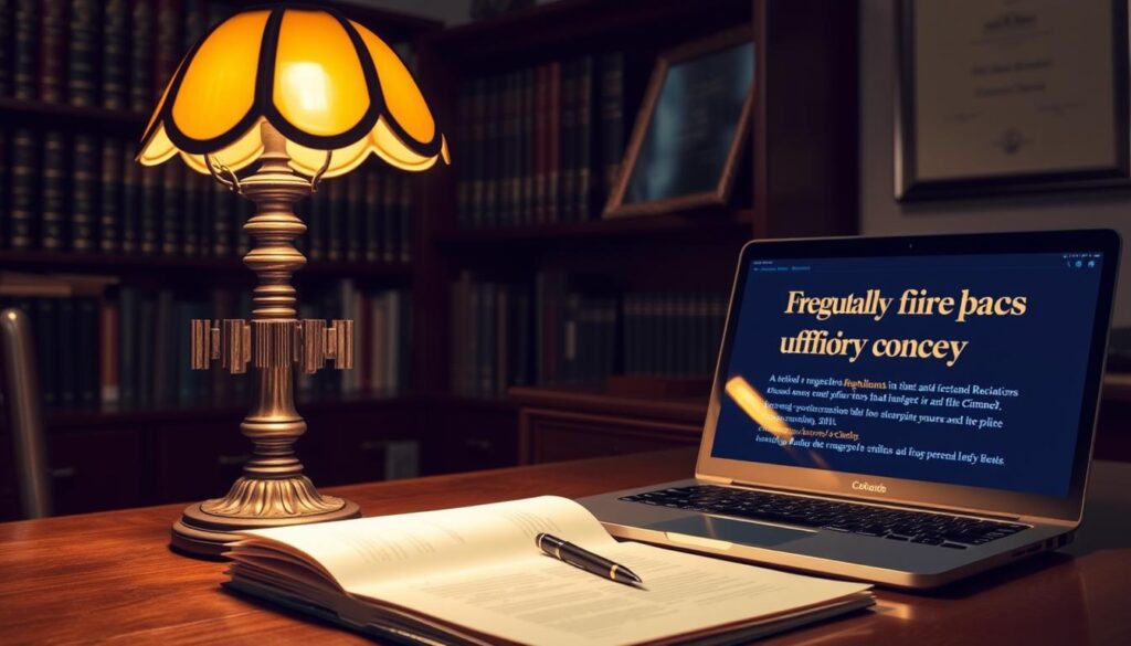 A dimly lit office interior, with a desk in the foreground featuring an ornate, antique-style lamp casting a warm glow. On the desk, a stack of official-looking documents, a pen, and a laptop displaying regulatory changes related to fireplaces and chimneys. In the background, a bookshelf filled with legal volumes and a framed certificate or award on the wall, conveying a sense of authority and expertise. The overall atmosphere is one of professionalism and attention to detail, reflecting the changes in regulations governing the use of fireplaces and chimneys.