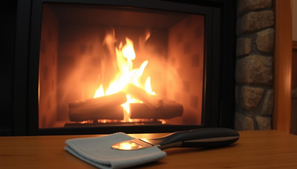 A fireplace with a glass screen, illuminated by a warm, flickering flame. The glass surface is partially covered in soot, creating a hazy, obstructed view. In the foreground, a cleaning tool, such as a glass scraper or a microfiber cloth, rests on a wooden surface, suggesting a method to clear the soot and restore the clarity of the glass. The background features a cozy, rustic interior, with wooden beams and a textured wall, creating a sense of a traditional, well-maintained fireplace setting. The lighting is soft and atmospheric, emphasizing the need to maintain the fireplace's appearance and functionality. A fireplace with a glass screen, illuminated by a warm, flickering flame. The glass surface is partially covered in soot, creating a hazy, obstructed view. In the foreground, a cleaning tool, such as a glass scraper or a microfiber cloth, rests on a wooden surface, suggesting a method to clear the soot and restore the clarity of the glass. The background features a cozy, rustic interior, with wooden beams and a textured wall, creating a sense of a traditional, well-maintained fireplace setting. The lighting is soft and atmospheric, emphasizing the need to maintain the fireplace's appearance and functionality.