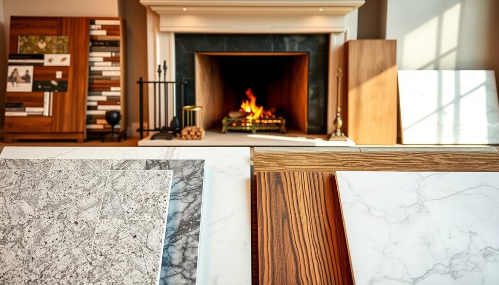 A meticulously crafted display of various high-quality finishing materials for a fireplace, showcased in a well-lit and elegantly styled interior setting. In the foreground, a selection of stone tiles, polished marble slabs, and rustic wooden panels are artfully arranged, highlighting their unique textures and colors. The middle ground features decorative fireplace accessories, such as cast iron grates and brass fireplace tools, complementing the surrounding materials. In the background, a cozy and inviting fireplace is the focal point, its warm glow creating a captivating atmosphere. The overall composition conveys a sense of refinement, functionality, and timeless elegance, perfectly suited to illustrate the topic of durable and visually striking fireplace finishes.