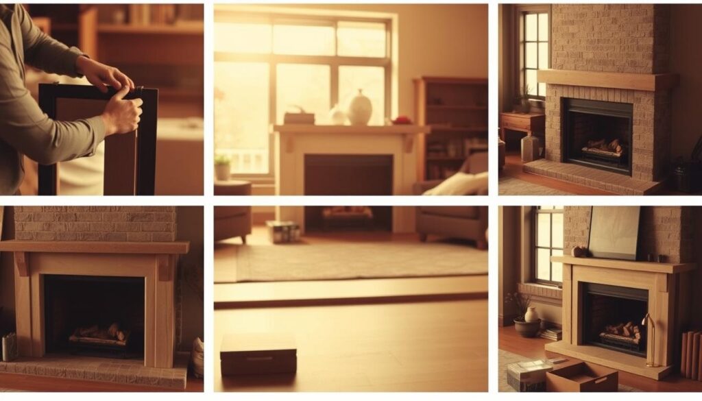 A step-by-step montage of a cozy fireplace installation. In the foreground, a craftsman's skilled hands meticulously assemble the fireplace components, each piece fitting together seamlessly. In the middle ground, the fireplace structure takes shape, its clean lines and elegant design emerging. The background features a warm, inviting living space, with natural light filtering in through large windows, casting a soft glow on the scene. The overall mood is one of calm focus, as the meticulous process unfolds, leading to the ultimate creation of a beautiful and functional fireplace. Lighting is soft and diffused, with a slight sepia tone for a timeless, artisanal feel. The camera angle is slightly elevated, providing a clear view of the entire installation workflow.