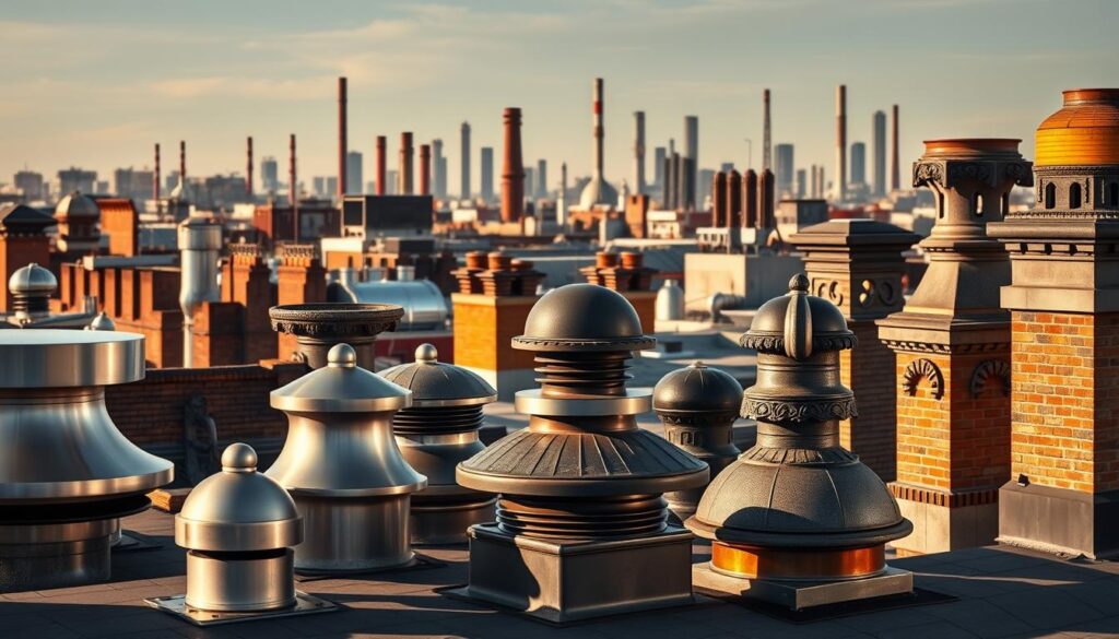 A visually striking architectural composition showcasing a variety of ventilation chimney designs. In the foreground, a collection of sleek, modern chimney caps in brushed metal and slate, casting dramatic shadows. The middle ground features ornate, historical-style chimneys in brick and stone, adorned with intricate carvings and decorative elements. In the background, a skyline of diverse rooftops and towering industrial chimneys, creating a sense of scale and urban context. Warm, directional lighting illuminates the scene, emphasizing texture and form. The overall atmosphere conveys a sense of sophistication, functionality, and architectural heritage.