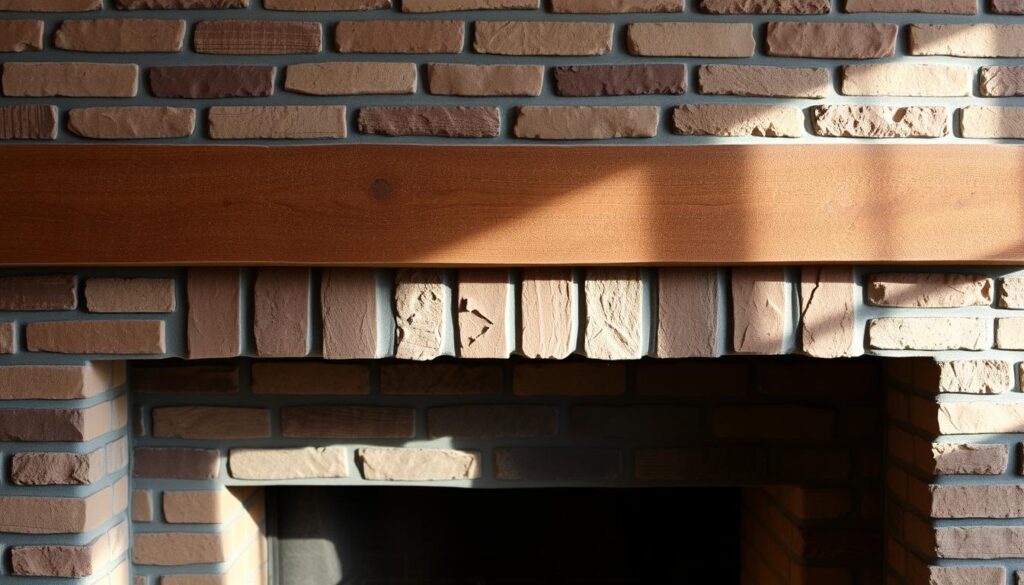 A warm, rustic fireplace mantle adorned with intricately patterned, textured decorative bricks. The bricks feature a mix of earthy tones, with subtle variations in color and a slightly weathered appearance, lending an authentic, vintage aesthetic. Delicate shadows cast by the brickwork create depth and dimension, while soft, diffused lighting from the fireplace below casts a gentle glow, enveloping the scene in a cozy, inviting ambiance. The brickwork takes center stage, showcasing its unique character and how it can elevate the design of a fireplace surround.
