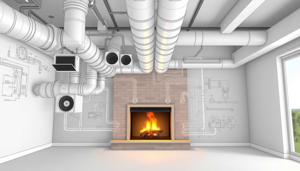 A well-designed ventilation system with intricate ducts, vents, and air intake units prominently featured in the foreground. The system is depicted in a detailed, technical illustration style with precise engineering schematics and cross-sections visible. In the middle ground, a ventilated fireplace or hearth is seamlessly integrated into the overall system, showcasing how the two components work in harmony. The background features a minimalist, clean interior design with neutral tones, emphasizing the importance of the ventilation setup. Crisp, even lighting highlights the mechanical components and the interplay between the fireplace and the ductwork. An authoritative, informative mood pervades the image, suitable for an article on connecting ventilation systems with fireplaces.
