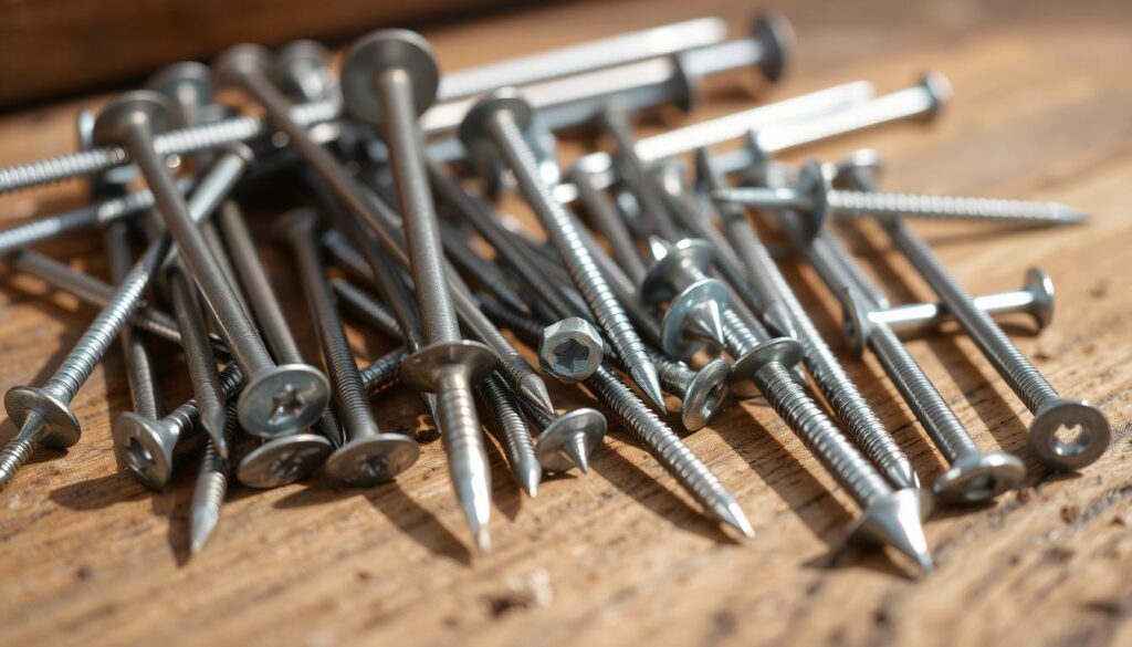 A close-up view of various nails used for roofing, including steel wire nails, galvanized roofing nails, and annular ring shank nails, arranged on a wooden surface with natural lighting. The nails are of different sizes, lengths, and head styles, showcasing the range of options suitable for securing roof battens and counter-battens. The image should convey a sense of precision and attention to detail, reflecting the importance of selecting the right nails for a well-constructed roof.
