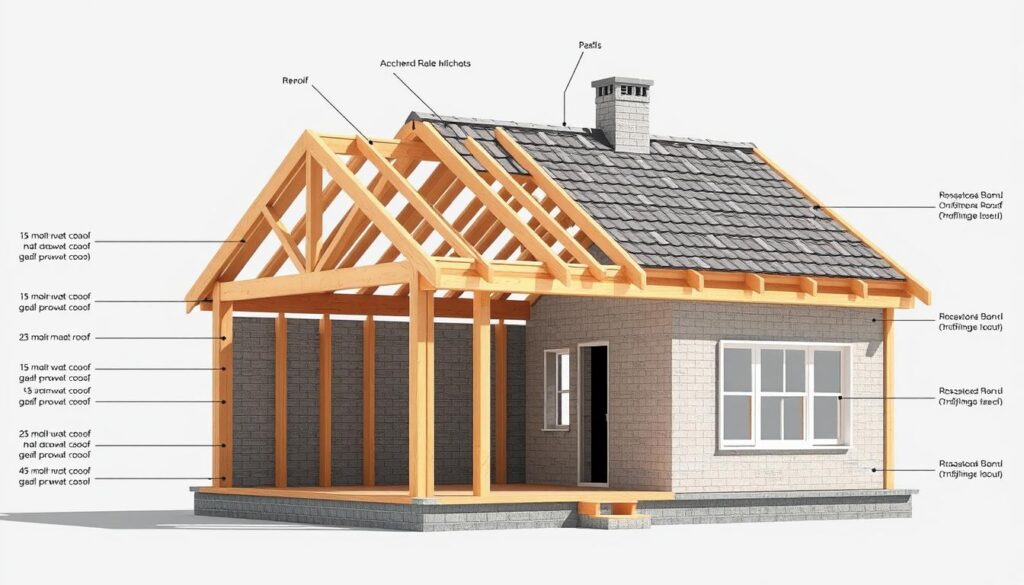 A detailed architectural diagram showcasing the essential components and costs associated with roof construction. The scene depicts a partially constructed house with an exposed roof frame, allowing a clear view of the various roofing materials, including tiles, shingles, and underlying structural elements like trusses and beams. The image is rendered in a realistic, technical style with a neutral color palette, emphasizing the practical and financial aspects of roof building. Carefully positioned lighting casts shadows that accentuate the three-dimensional nature of the roofing system, providing a comprehensive visual reference for the article's "Elementy składające się na końcową cenę dachu – koszt budowy dachu" section.