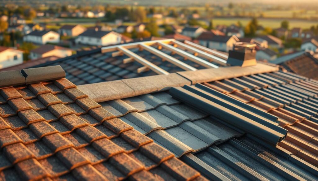 A detailed, modern rooftop scene with various roofing materials prominently displayed. The foreground showcases an array of roofing tiles, shingles, and metal panels, allowing the viewer to compare their visual qualities and textures. The middle ground features a partially constructed roof structure, highlighting the installation process. In the background, a picturesque suburban or rural landscape sets the scene, with a warm, golden hour lighting that casts soft shadows and enhances the materials' colors and finishes. The overall composition conveys a sense of informative comparison, guiding the viewer to understand the visual and cost implications of different roofing options.