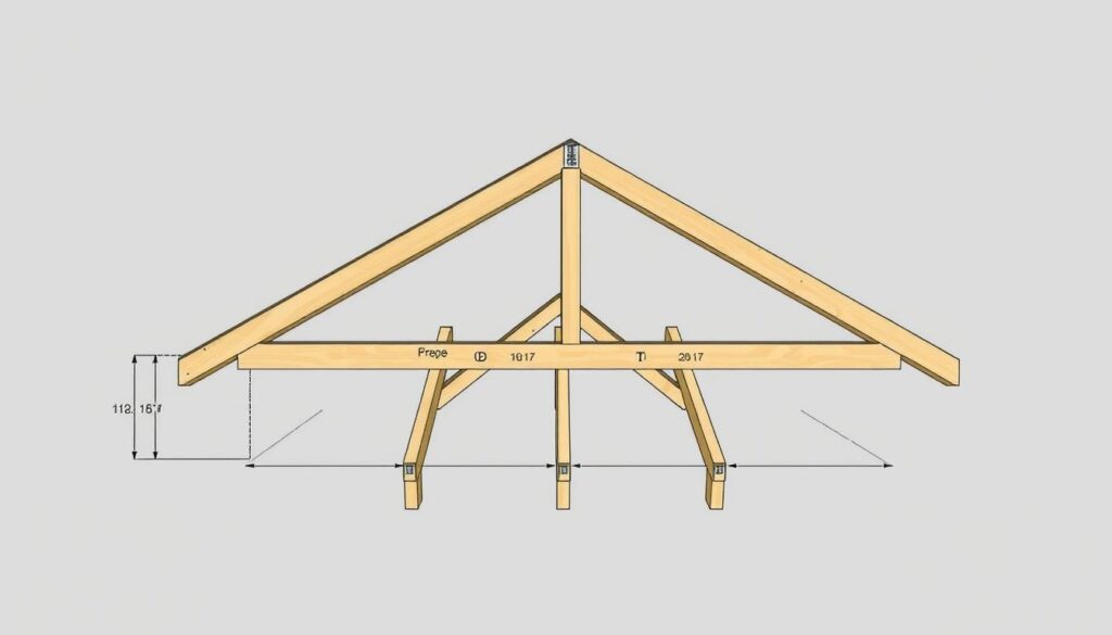 A detailed technical schematic illustration of a single-pitched roof truss system. The foreground depicts the cross-section of a single rafter, showing its precise dimensions and structural elements like the top and bottom chords, web members, and fasteners. The middle ground showcases the arrangement of the rafters, with clear spacing and measurements indicated. The background provides a sense of scale, with a subtle grid or ruler lines to emphasize the technical nature of the image. Rendered in a clean, technical style with muted, neutral tones to convey engineering precision. Optimal camera angle and lighting to highlight the structural details of the roof truss design.