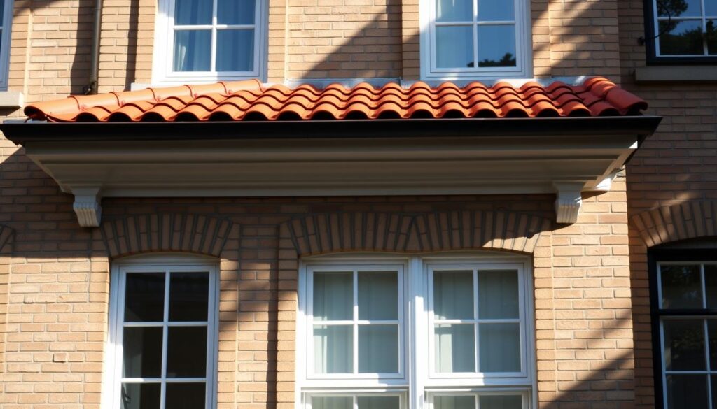 A well-lit, classic brick building facade with a warm, inviting wiśniowy (cherry) red tile roof. The exterior walls feature a harmonious palette of soft, neutral tones like beige, cream, or light grey, creating a timeless, sophisticated look. The facade is adorned with intricate architectural details like cornices, moldings, and possibly even decorative shutters or trims, adding depth and character. The scene is bathed in natural, diffused lighting, casting gentle shadows that accentuate the textures and materials. The overall atmosphere is one of understated elegance and traditional charm, perfectly complementing the rich hue of the wiśniowy roof.