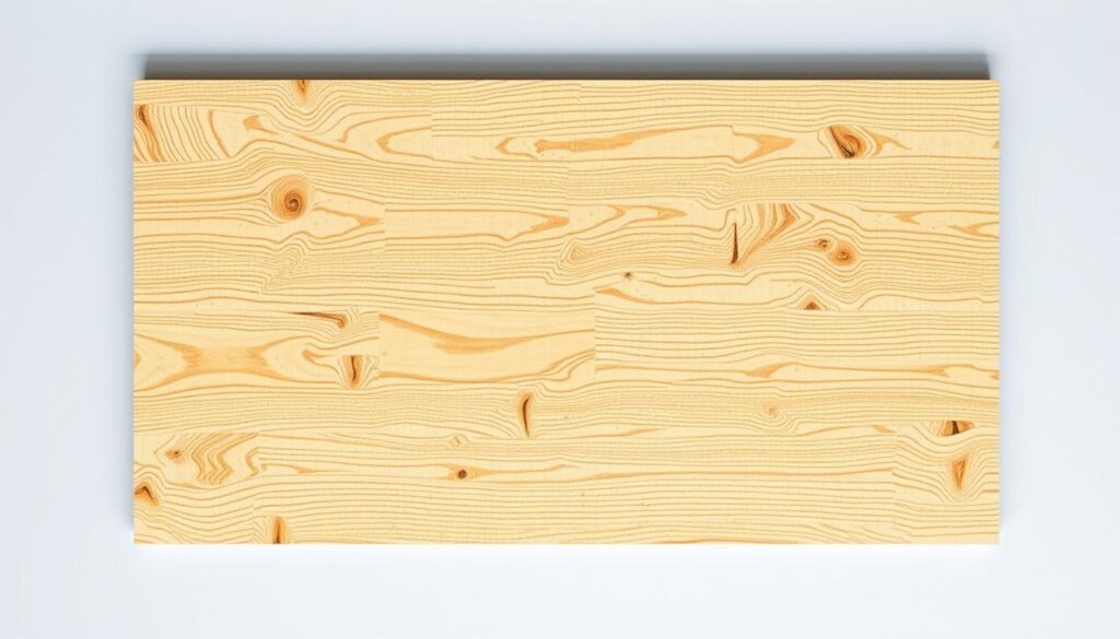 A well-lit, detailed overhead view of an OSB (oriented strand board) panel suitable for roofing applications. The panel is positioned in the center of the frame, filling the majority of the composition. The surface texture of the OSB is clearly visible, showcasing the parallel wood strands arranged in layers. The panel is surrounded by a clean, neutral background, allowing the product to be the focal point. The lighting is soft and diffused, creating an even illumination that accentuates the natural tones and patterns of the OSB material. The overall mood is one of clarity and focus, highlighting the key attributes of the roofing panel.