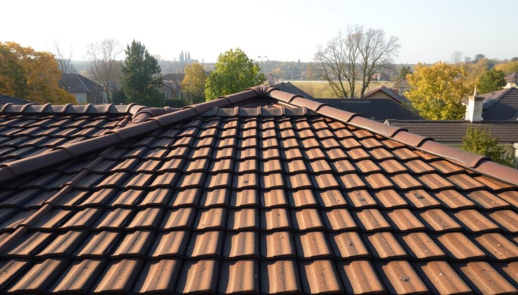 A well-lit, detailed rooftop scene featuring a single-pitched roof with evenly spaced roof trusses, or "krokwie", visible in the foreground. The roof tiles are neatly arranged, casting soft shadows across the structure. The background showcases a tranquil, suburban landscape with trees and other buildings in the distance, creating a sense of depth and context. The lighting is natural, with warm tones and diffused illumination that accentuates the architectural elements. The overall composition emphasizes the rhythmic pattern and structural integrity of the roof trusses, providing a visually striking and informative representation of the "co ile krokwie na dachu jednospadowym" concept.