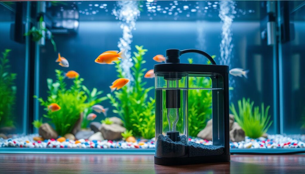 A beautifully arranged aquarium setup showcasing the importance of a filter in maintaining aquatic life. In the foreground, a sleek, modern aquarium filter is prominently positioned, with clear water flowing through it, emphasizing its essential function. The middle ground features a vibrant underwater scene filled with healthy fish swimming among lush green plants and colorful pebbles, symbolizing a thriving ecosystem. In the background, soft ambient light filters through the aquarium glass, creating gentle reflections and highlighting the tank’s dimensions. The scene captures a peaceful, serene atmosphere, conveying the vital role of filtration in sustaining aquatic environments. The angle is slightly elevated, allowing for a broad perspective on the entire setup while maintaining focus on the filter's significance. A beautifully arranged aquarium setup showcasing the importance of a filter in maintaining aquatic life. In the foreground, a sleek, modern aquarium filter is prominently positioned, with clear water flowing through it, emphasizing its essential function. The middle ground features a vibrant underwater scene filled with healthy fish swimming among lush green plants and colorful pebbles, symbolizing a thriving ecosystem. In the background, soft ambient light filters through the aquarium glass, creating gentle reflections and highlighting the tank’s dimensions. The scene captures a peaceful, serene atmosphere, conveying the vital role of filtration in sustaining aquatic environments. The angle is slightly elevated, allowing for a broad perspective on the entire setup while maintaining focus on the filter's significance.