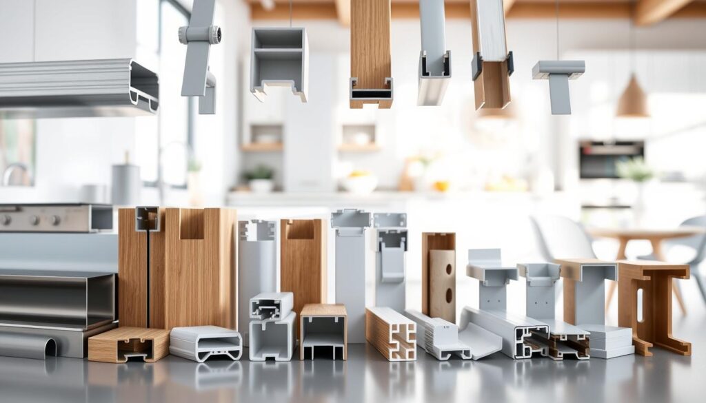 A beautifully arranged display of various kitchen plinth accessories, showcasing a variety of designs and materials including sleek metal, smooth wood, and durable plastic. In the foreground, highlight a closer view of elegant corner connectors, stylish end caps, and robust support brackets, reflecting modern kitchen aesthetics. The middle layer features an array of plinths set against a bright, airy kitchen backdrop, with soft sunlight filtering through a nearby window, casting gentle shadows. In the background, include hints of contemporary kitchen furniture, creating a harmonious and inviting atmosphere. The overall mood should convey efficiency and elegance, emphasizing the advantages of using plinth accessories for kitchen installations.