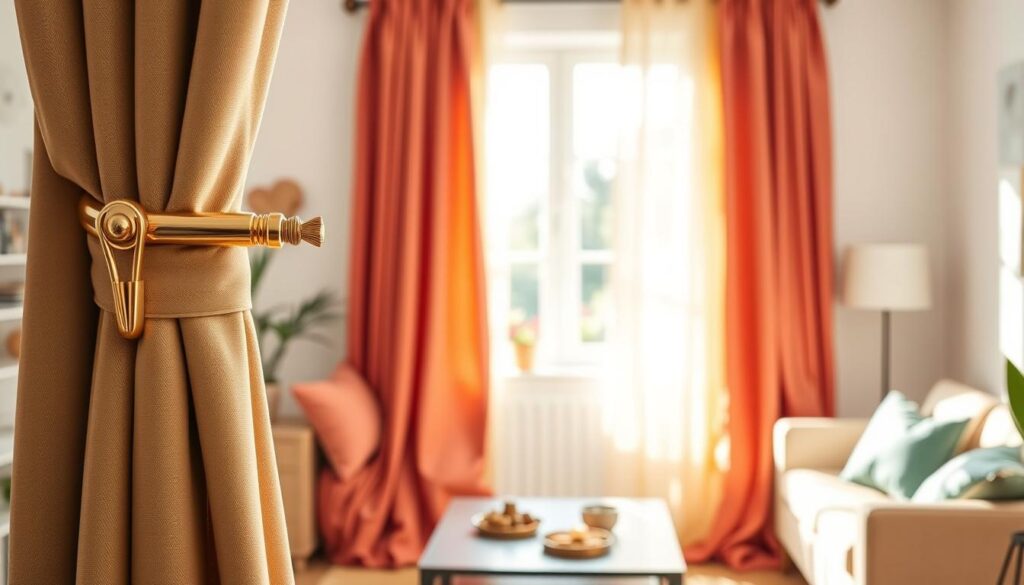 A beautifully arranged living room showcasing the benefits of using curtain clips. In the foreground, a close-up view of elegant curtain clips holding back vibrant drapery, highlighting their functionality and style. In the middle, a set of well-draped curtains flowing gracefully, creating soft folds and shadows that enhance the cozy atmosphere. The background reveals a sunny window with natural light streaming in, emphasizing the luminosity and warmth of the space. Soft, inviting colors in the decor give an air of comfort. The scene conveys a sense of practicality and elegance, with a hint of modern design. The image should have soft, natural lighting to create a warm ambiance, capturing the essence of simple yet effective curtain styling.