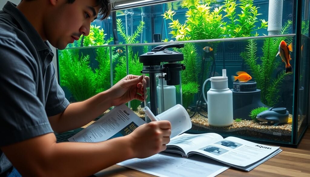 A beginner aquarist is carefully installing an Aquael filter in a well-equipped aquarium. In the foreground, the aquarist, wearing modest casual clothing, is focused on the filter's user manual laid open next to the aquarium. The middle ground showcases the aquarium, with the Aquael filter prominently displayed, showing its key components like the pump and filter media being assembled. In the background, lush green aquatic plants and colorful fish add life to the scene. The lighting is soft and natural, illuminating the aquarium, creating a warm and inviting atmosphere. The camera angle is slightly tilted down, providing a clear view of the installation process while capturing the excitement of setting up a new aquarium.