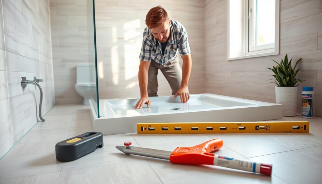 A bright and inviting bathroom scene showcasing the process of installing a shower tray (brodzik). In the foreground, a professional installer, dressed in modest casual clothing, is carefully aligning the shower tray in place, demonstrating attention to detail. The middle ground features essential installation tools such as a level, a tile cutter, and silicone sealant. The background displays light-colored tiles and a well-organized workspace, creating a clean and comfortable atmosphere. Soft natural lighting streams through a window, enhancing the vibrant colors and reflections on the tiles. The overall mood is focused and instructional, emphasizing the importance of proper installation techniques for a successful outcome.