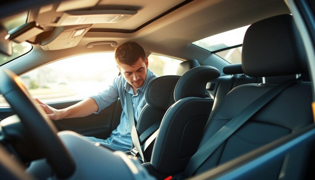 A bright, instructional scene depicting the careful installation of a child safety seat in a front car seat. In the foreground, a parent, dressed in smart casual attire, is focused on securing the car seat with visible seatbelt clips, showing clear engagement. The middle ground includes the car's interior with a close-up on the safety seat and the front dashboard, emphasizing safety features like airbags. Natural light streams in through the windows, creating a warm and inviting atmosphere. In the background, soft blurs of a suburban street are visible, suggesting a relaxed environment. The angle is slightly elevated, providing a comprehensive view of the installation process while maintaining a sense of professionalism and safety. A bright, instructional scene depicting the careful installation of a child safety seat in a front car seat. In the foreground, a parent, dressed in smart casual attire, is focused on securing the car seat with visible seatbelt clips, showing clear engagement. The middle ground includes the car's interior with a close-up on the safety seat and the front dashboard, emphasizing safety features like airbags. Natural light streams in through the windows, creating a warm and inviting atmosphere. In the background, soft blurs of a suburban street are visible, suggesting a relaxed environment. The angle is slightly elevated, providing a comprehensive view of the installation process while maintaining a sense of professionalism and safety.