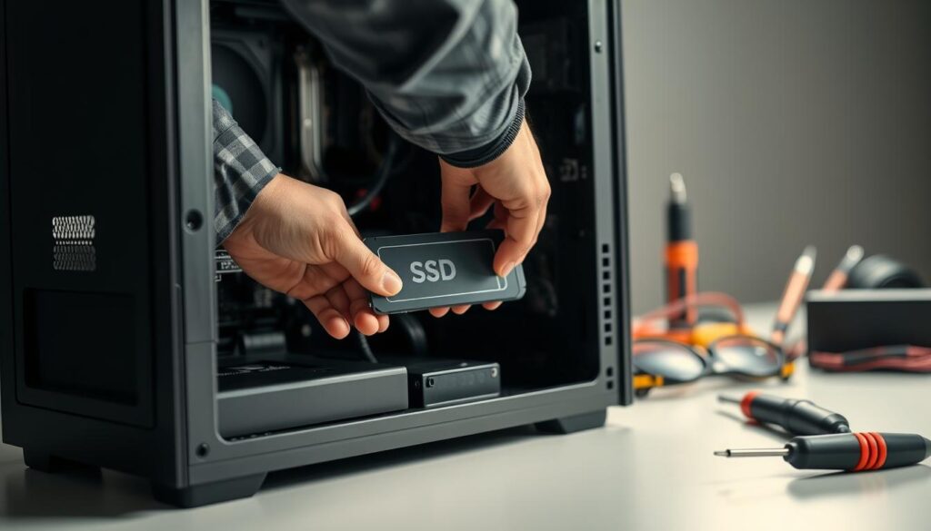 A clear and detailed depiction of an SSD installation process, focusing on a modern computer case on a clean, well-lit desktop. In the foreground, showcase a hands-on approach where a person in business casual attire is carefully inserting the SSD into the motherboard slot, ensuring a precise connection. The middle ground should feature an open computer case with visible components, like cables and a power supply, adding realism and context. The background can include tools commonly used for computer assembly, such as a screwdriver and anti-static wrist strap. The lighting should be bright and focused, creating a professional atmosphere that emphasizes the technical nature of the task, with a slight depth of field to draw attention to the installation process.