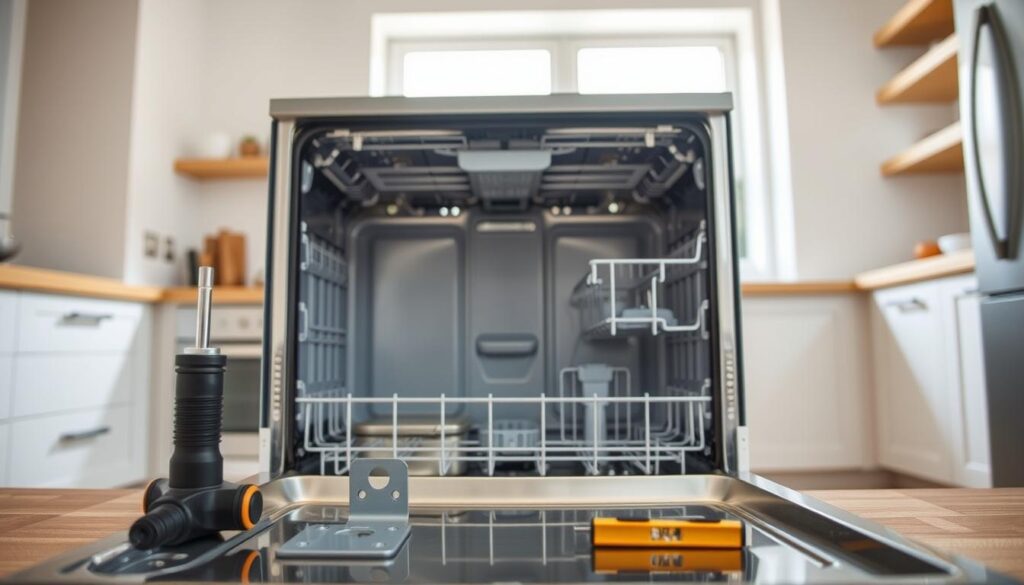 A clear and detailed illustration of the front installation process for an Electrolux dishwasher. In the foreground, close-up tools such as a screwdriver, level, and mounting brackets neatly arranged, emphasizing precision. The middle ground reveals a partially assembled dishwasher with a front panel being aligned over the compartment, showing visible mounting holes and screws. The background features a modern kitchen with soft, natural light filtering in through a window, illuminating the workspace. Use a slight overhead angle to capture the action, ensuring clear visibility of the installation steps. The mood should convey a sense of professionalism, and clarity, making it inviting for anyone looking to complete this home improvement task.