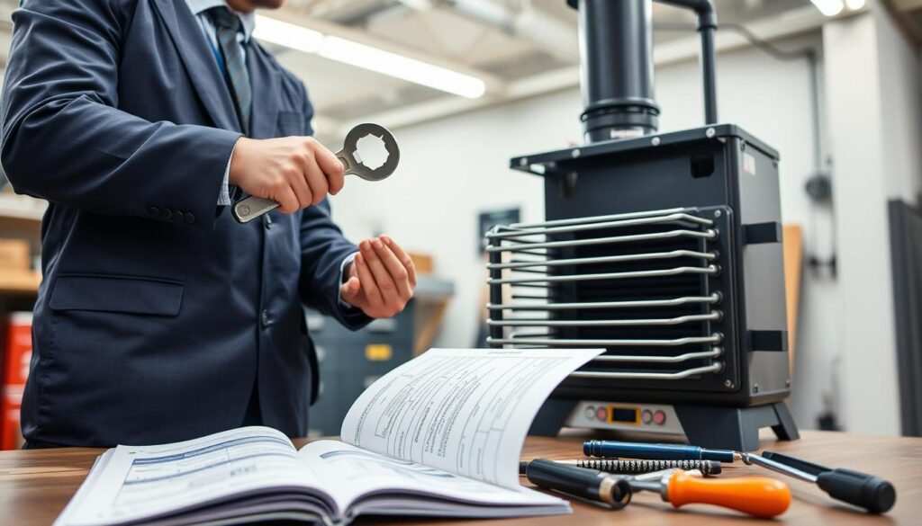 A clear and informative instructional scene depicting the assembly of heating elements for a central heating stove. In the foreground, a skilled technician in a neat, professional outfit is shown carefully handling and positioning heating elements with a wrench. In the middle ground, an open service manual with labeled diagrams is visible alongside tools like a screwdriver and pliers, enhancing the instructional aspect. The background features a partially assembled stove with bright overhead lighting to emphasize clarity and focus, suggesting a workshop environment. The overall atmosphere should convey a sense of professionalism and competence, inviting the viewer into the meticulous world of heating appliance assembly.