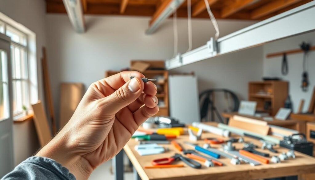 A clear, detailed composition showing the practical benefits of ceiling clips (agrafki sufitowe) in a bright, well-lit workshop environment. In the foreground, showcase a hand holding a ceiling clip, emphasizing its sturdy design and usability. The middle ground features a neatly organized workspace with various ceiling clip models, tools, and installation materials laid out attractively. In the background, display a partially installed ceiling rail with clips attached, suggesting an ongoing project. Use natural lighting to create a warm and inviting atmosphere, highlighting the ease and efficiency of using ceiling clips. Capture the scene from a slightly elevated angle, allowing the viewer to appreciate both the tools and the installation process, encouraging a feeling of professionalism and practicality. A clear, detailed composition showing the practical benefits of ceiling clips (agrafki sufitowe) in a bright, well-lit workshop environment. In the foreground, showcase a hand holding a ceiling clip, emphasizing its sturdy design and usability. The middle ground features a neatly organized workspace with various ceiling clip models, tools, and installation materials laid out attractively. In the background, display a partially installed ceiling rail with clips attached, suggesting an ongoing project. Use natural lighting to create a warm and inviting atmosphere, highlighting the ease and efficiency of using ceiling clips. Capture the scene from a slightly elevated angle, allowing the viewer to appreciate both the tools and the installation process, encouraging a feeling of professionalism and practicality.