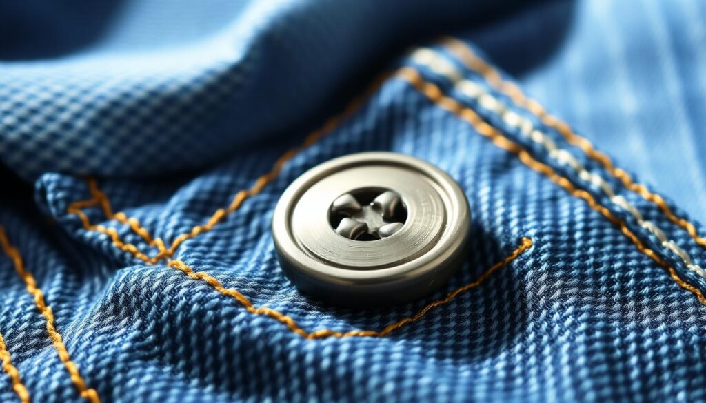 A close-up image of a high-quality denim button, showcasing its intricate details, including the metallic surface with a slight sheen and the engraved design on its front. The button should be placed on a textured denim fabric, with a focus on the stitching around it to highlight its connection to jeans. In the background, softly blurred denim materials in varying shades of blue create a cohesive and relevant atmosphere, setting a casual, homey mood. Natural light filters in, casting gentle highlights and shadows, emphasizing the craftsmanship of the button. The composition should be well-balanced, with the button firmly in the foreground while hinting at the broader context of denim clothing.