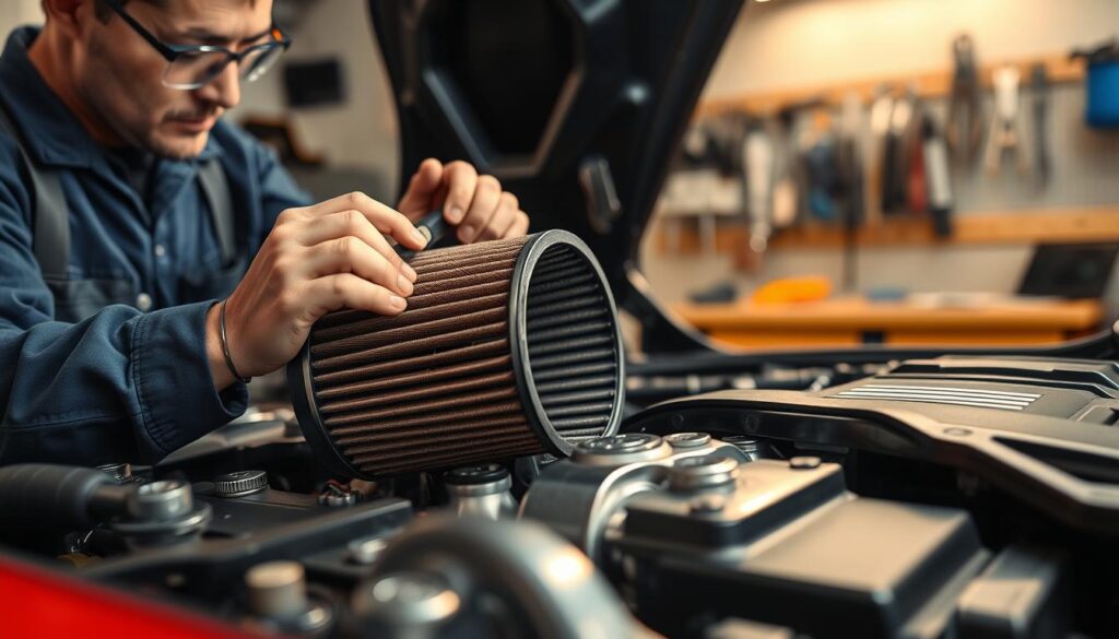 A close-up image of a professional mechanic working on the installation of a conical air filter on a car's engine. The mechanic, dressed in a blue work uniform and safety goggles, is carefully adjusting the filter using tools. In the foreground, prominently feature the conical filter and the engine components, with glistening metal and detailed textures. The middle ground includes scattered tools such as wrenches and pliers, enhancing the workshop atmosphere. In the background, a well-lit garage with tools hanging on the wall and a workbench can be seen. A warm, focused lighting illuminates the scene, creating an inviting, organized workspace mood that embodies practicality and expertise in automotive modifications.