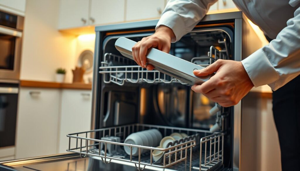 A close-up scene of a person, wearing a professional outfit, methodically attaching the front panel of an Electrolux dishwasher. The foreground features a detailed view of the person’s hands, skillfully aligning the panel with precision tools like screws and a screwdriver. In the middle background, the partially disassembled dishwasher is clearly visible, highlighting the inner workings and mounting points. The environment is a well-lit kitchen with modern appliances, warm light reflecting off polished surfaces, creating a neat and organized atmosphere. The angle should be slightly elevated, showcasing both the action and the appliance's features, emphasizing a practical, instructional feel without any distractions or clutter.