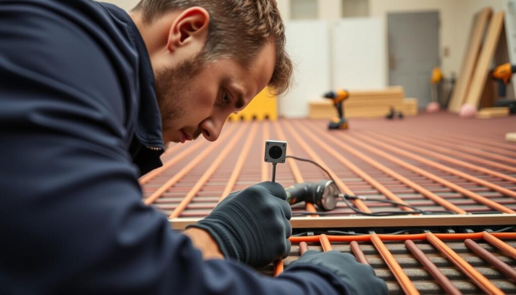 A close-up scene of a professional technician carefully installing a temperature sensor in a heated floor system. The foreground features the technician, dressed in a navy blue work shirt and gloves, focused on the installation process, using a screwdriver. In the middle ground, a partially assembled floor section reveals the heating cables and sensor module, emphasizing the technical details of the setup. The background shows a well-lit room with construction materials, tools like a drill and measuring tape, and warm, ambient lighting to create a practical, informative atmosphere. The overall mood is focused and industrious, illustrating the hands-on nature of the project without any distractions. A close-up scene of a professional technician carefully installing a temperature sensor in a heated floor system. The foreground features the technician, dressed in a navy blue work shirt and gloves, focused on the installation process, using a screwdriver. In the middle ground, a partially assembled floor section reveals the heating cables and sensor module, emphasizing the technical details of the setup. The background shows a well-lit room with construction materials, tools like a drill and measuring tape, and warm, ambient lighting to create a practical, informative atmosphere. The overall mood is focused and industrious, illustrating the hands-on nature of the project without any distractions.