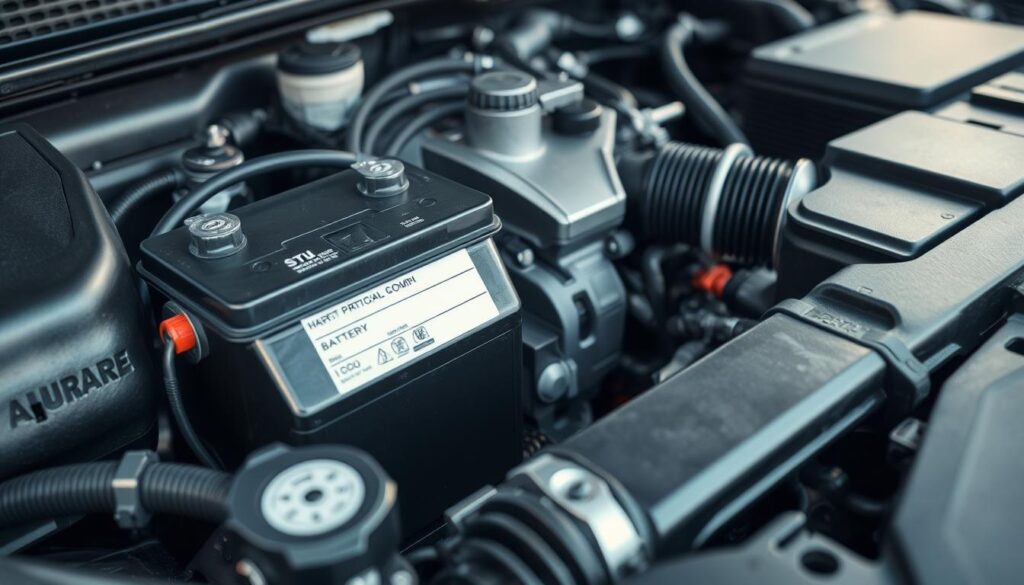 A close-up view of a car engine bay, focusing on the car battery's location. The battery is clearly visible, positioned on the left side with clearly labeled terminals, showcasing its connection to cables. Various car components are detailed, including the air filter and radiator, creating a sense of depth. The lighting is bright and natural, illuminating the scene, with shadows adding dimension. The angle should be slightly above eye level to enhance visibility of the battery and nearby elements. The mood is informative and professional, catering to beginner drivers learning about car mechanics. The background is softly blurred, ensuring the foreground elements remain the focal point without distractions.