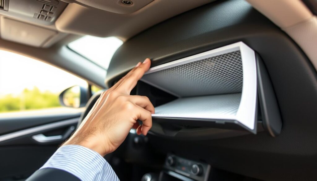 A close-up view of a car's interior, focusing specifically on the location of the cabin air filter. In the foreground, a man's hands, dressed in a smart casual outfit, are gently lifting the cover of the glove compartment to reveal the filter compartment. The middle ground features the filter itself, partially pulled out, displaying its fine mesh and pleated design, indicating its function in maintaining air quality. The background includes the dashboard and interior accents, softly blurred to emphasize the filter area. Bright, natural lighting illuminates the scene, creating a clean and informative atmosphere. The camera angle is slightly from above, offering a comprehensive view while maintaining a professional tone throughout the image.