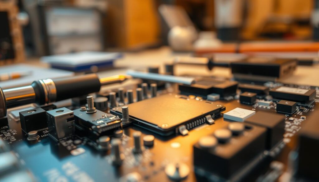 A close-up view of a computer motherboard displaying a partially installed M.2 SSD, focusing on the alignment and screws demonstrating common installation problems. In the foreground, highlight the M.2 drive with detailed connections and a slightly askew position, suggesting difficulty in mounting. The middle ground should feature tools like a screwdriver and small screws scattered around, as well as thermal pads that hint at common troubleshooting issues. The background should be a blurred workshop environment with warm lighting, creating a focused atmosphere. Use a macro lens effect to capture intricate details of the motherboard and components, while maintaining a clean and organized workspace. Overall mood should convey a sense of challenge and determination in overcoming installation hurdles.