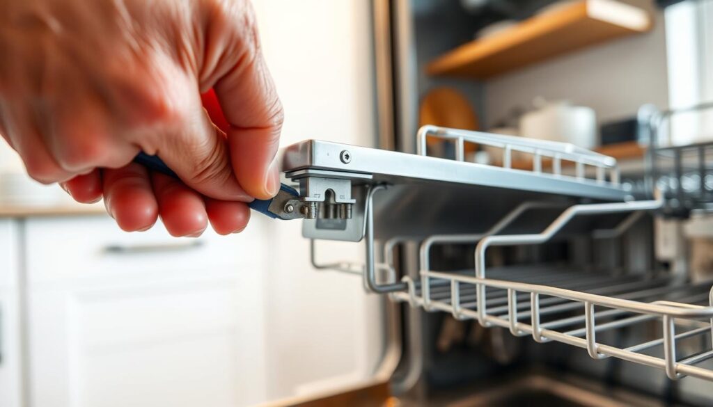 A close-up view of a hand expertly installing a dishwasher front panel using metal clips, showcasing detailed tools and the structure of the appliance. The scene captures the moment where the panel is being secured, emphasizing precise alignment and technique. Bright, focused lighting highlights the metallic surfaces and the intricate details of the clips, creating a sense of clarity and professionalism. The background features a clean kitchen environment with subtle elements like a counter and cabinet, contributing to an overall atmosphere of DIY excellence. The image is framed at a slight angle to accentuate depth, showcasing the task effectively while maintaining a clean and organized look. A close-up view of a hand expertly installing a dishwasher front panel using metal clips, showcasing detailed tools and the structure of the appliance. The scene captures the moment where the panel is being secured, emphasizing precise alignment and technique. Bright, focused lighting highlights the metallic surfaces and the intricate details of the clips, creating a sense of clarity and professionalism. The background features a clean kitchen environment with subtle elements like a counter and cabinet, contributing to an overall atmosphere of DIY excellence. The image is framed at a slight angle to accentuate depth, showcasing the task effectively while maintaining a clean and organized look.