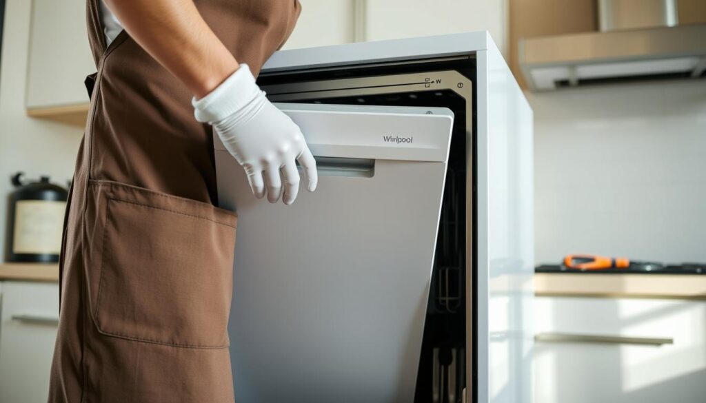 A close-up view of a person in a professional apron and gloves, carefully attaching a sleek, modern front panel to a Whirlpool dishwasher. The scene captures the intricate details of the mounting process, showcasing the alignment of hinges and the securing mechanisms. The background features a well-lit kitchen with neutral colors, emphasizing cleanliness and modern design. Soft, natural lighting highlights the textures of the dishwasher and the front panel, while a slightly blurred countertop with tools and components adds depth to the image. The atmosphere is focused and instructional, perfect for demonstrating practical installation techniques.