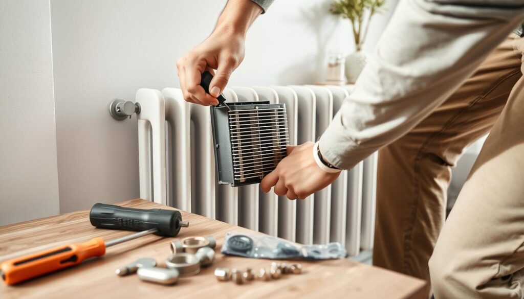 A close-up view of a person in modest casual clothing expertly installing a heating element into a stylish bathroom radiator. The foreground features a well-organized toolset, including a screwdriver, wrench, and a pack of fittings, indicating a DIY installation process. The middle section shows the radiator with the heating element being carefully attached, highlighting the flow of instructions with smooth mechanics. The background includes a modern, softly lit bathroom with neutral tones and subtle decorative touches, creating a calm and practical atmosphere. The image is illuminated with natural light, offering a fresh and inviting ambiance, captured at a slightly angled perspective to enhance depth and clarity, focusing on the hands and tools in action.