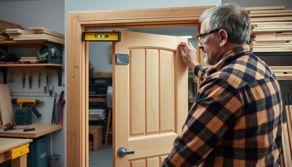 A close-up view of a professional carpenter demonstrating basic door installation techniques. The foreground shows the carpenter, a middle-aged man in a plaid shirt and safety glasses, carefully positioning a wooden exterior door within a doorframe. He is using a level tool to ensure the door is straight. In the middle, the door and frame are fully visible, highlighting the hinges and the gap adjustments. The background features a well-organized workshop with saws, tools, and wood stacked neatly on shelves. The lighting is bright and focused, emphasizing the craftsmanship and attention to detail. The atmosphere conveys safety, professionalism, and practical expertise in home improvement. A close-up view of a professional carpenter demonstrating basic door installation techniques. The foreground shows the carpenter, a middle-aged man in a plaid shirt and safety glasses, carefully positioning a wooden exterior door within a doorframe. He is using a level tool to ensure the door is straight. In the middle, the door and frame are fully visible, highlighting the hinges and the gap adjustments. The background features a well-organized workshop with saws, tools, and wood stacked neatly on shelves. The lighting is bright and focused, emphasizing the craftsmanship and attention to detail. The atmosphere conveys safety, professionalism, and practical expertise in home improvement.
