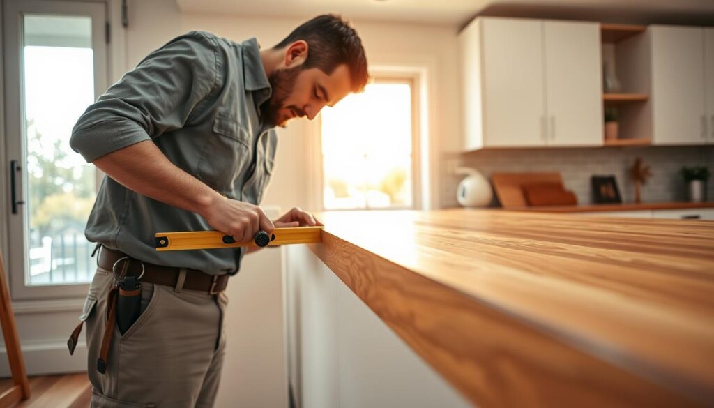 A close-up view of a professional carpenter skillfully installing a countertop in place of a window sill. The foreground features the carpenter, dressed in modest casual clothing, focused on aligning the countertop with precision tools like a level and clamps. The middle ground showcases the glossy wooden countertop being fitted snugly between the walls, with clear details of the wood grain. The background is a modern, well-lit kitchen with warm, natural light streaming through a nearby window, creating an inviting atmosphere. The image captures a sense of professionalism and craftsmanship, with a slight depth of field to draw attention to the intricate details of the countertop installation. A close-up view of a professional carpenter skillfully installing a countertop in place of a window sill. The foreground features the carpenter, dressed in modest casual clothing, focused on aligning the countertop with precision tools like a level and clamps. The middle ground showcases the glossy wooden countertop being fitted snugly between the walls, with clear details of the wood grain. The background is a modern, well-lit kitchen with warm, natural light streaming through a nearby window, creating an inviting atmosphere. The image captures a sense of professionalism and craftsmanship, with a slight depth of field to draw attention to the intricate details of the countertop installation.