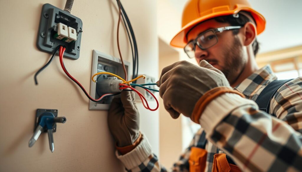 A close-up view of a professional electrician demonstrating the process of installing an electrical socket. In the foreground, the electrician, wearing a safety helmet and work gloves, is carefully connecting colorful wires to a wall-mounted electrical box. The middle layer features a partially open electrical socket and tools like wire strippers and a screwdriver neatly arranged nearby. In the background, a softly lit, unfinished room shows exposed wiring and a ladder. The lighting is warm and inviting, creating an atmosphere of focus and professionalism. The angle captures the intricate details of the socket installation while emphasizing the electrician's skillful hands at work.