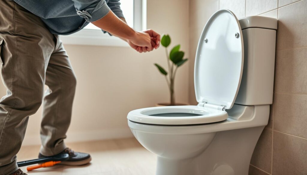 A close-up view of a professional handyman efficiently installing a new toilet seat in a clean, modern bathroom. In the foreground, tools like a wrench and screwdriver are neatly arranged beside the toilet. The handyman, dressed in modest casual clothing, is focused on securing the new seat with precision. The middle ground features the elegant toilet with the newly installed seat, emphasizing its shiny surface and comfort features. In the background, soft, natural light streams through a frosted window, illuminating the neutral tiled walls and a potted plant, creating a calm and inviting atmosphere that suggests a successful home improvement project.