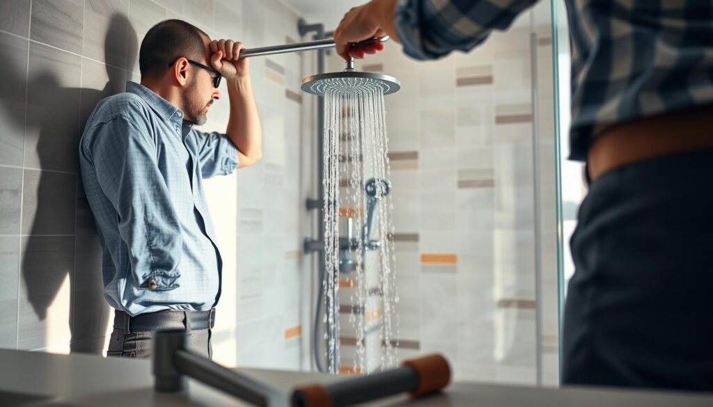 A close-up view of a professional plumber installing a wall-mounted showerhead (rain shower) in a modern bathroom. The plumber, dressed in smart casual attire, carefully affixes the showerhead to the tiled wall, with tools like a wrench and screws visible in the foreground. In the middle, colorful tiles and a stylish shower setup are visible, enhancing the modern aesthetic. Soft, natural lighting illuminates the space, casting gentle shadows and creating a warm atmosphere, while hints of bathroom accessories and a sleek bath mat subtly appear in the background. The angle is slightly elevated for a comprehensive view of the installation process, emphasizing the attention to detail and craftsmanship involved.