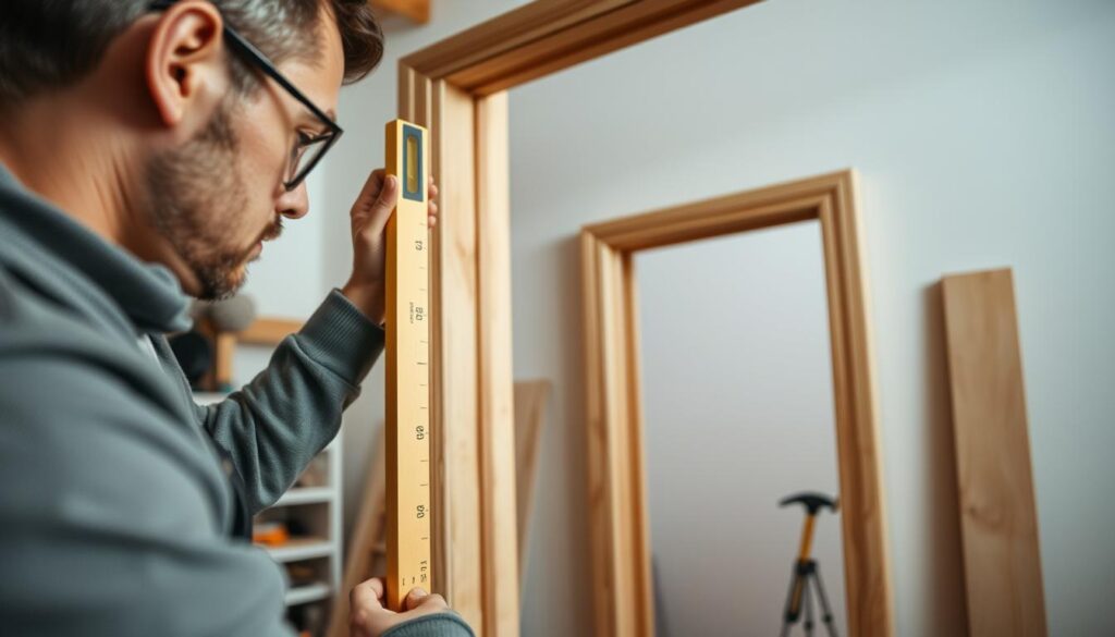 A close-up view of a skilled craftsman installing a wooden door frame, known as "ościeżnica." The foreground captures the craftsman wearing a professional outfit, focused intently on aligning the frame with precision. Tools such as a level, hammer, and measuring tape are scattered around, emphasizing the step-by-step process. In the middle ground, the door frame is highlighted, showcasing its natural wood texture and clean lines, while partially installed in the wall. The background features a well-lit workshop environment, with soft, diffused lighting that enhances the warm tones of the wood. The atmosphere is calm and professional, conveying a sense of craftsmanship and attention to detail, ideally suited for a DIY article. A close-up view of a skilled craftsman installing a wooden door frame, known as "ościeżnica." The foreground captures the craftsman wearing a professional outfit, focused intently on aligning the frame with precision. Tools such as a level, hammer, and measuring tape are scattered around, emphasizing the step-by-step process. In the middle ground, the door frame is highlighted, showcasing its natural wood texture and clean lines, while partially installed in the wall. The background features a well-lit workshop environment, with soft, diffused lighting that enhances the warm tones of the wood. The atmosphere is calm and professional, conveying a sense of craftsmanship and attention to detail, ideally suited for a DIY article.